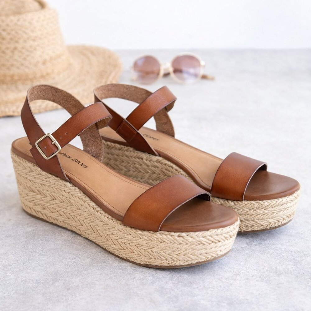 Big Buddha Tan Leather Espadrille Platform Wedge Sandals Buckle Strap Boho 10
